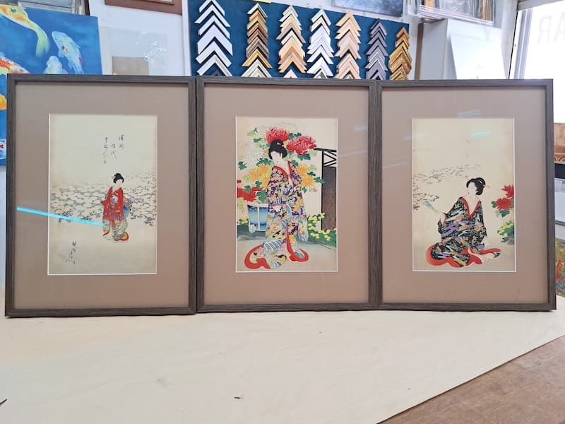 Custom picture framing Singapore - Japanese woodblock prints in elegant frames with beige matting